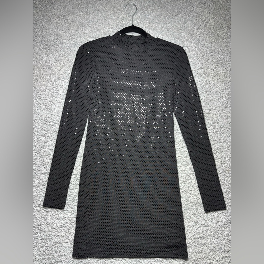 Elodie Dress Womens Small Mock Neck Long Sleeve Bodycon Sequins Lined Shine NEW